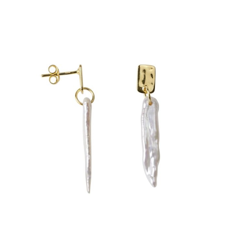 Oorbellen Betty Bogaers | Hammered Small Rectangle And Pearl Stud Earring