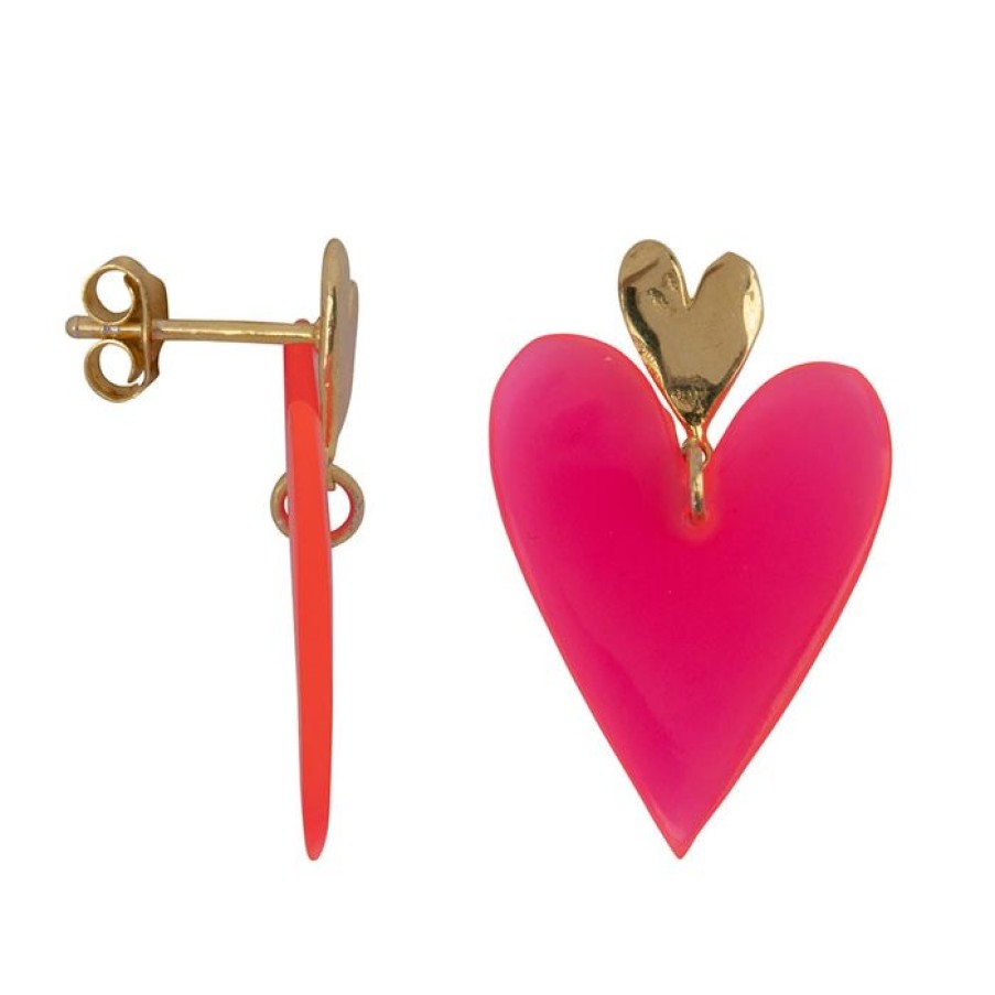 Oorbellen Betty Bogaers | Neon Pink Double Heart Stud Earring