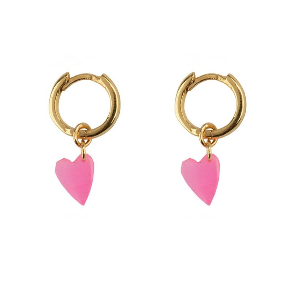 Oorbellen Betty Bogaers | Small Hoop Resin Heart Earring Pink Gold