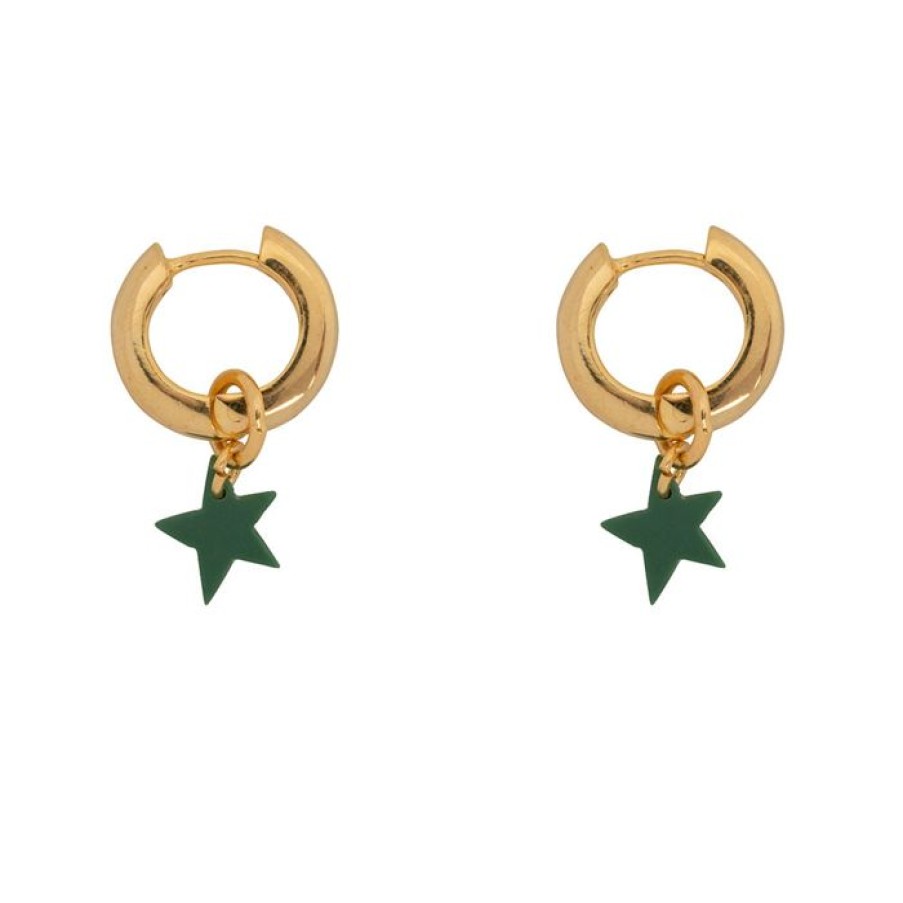 Oorbellen Betty Bogaers | Thick Small Hoop With Star Earring Green