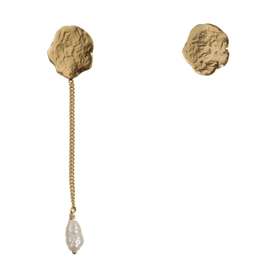 Oorbellen Betty Bogaers | Hammered Flat Coin Chain Pearl Stud Earring