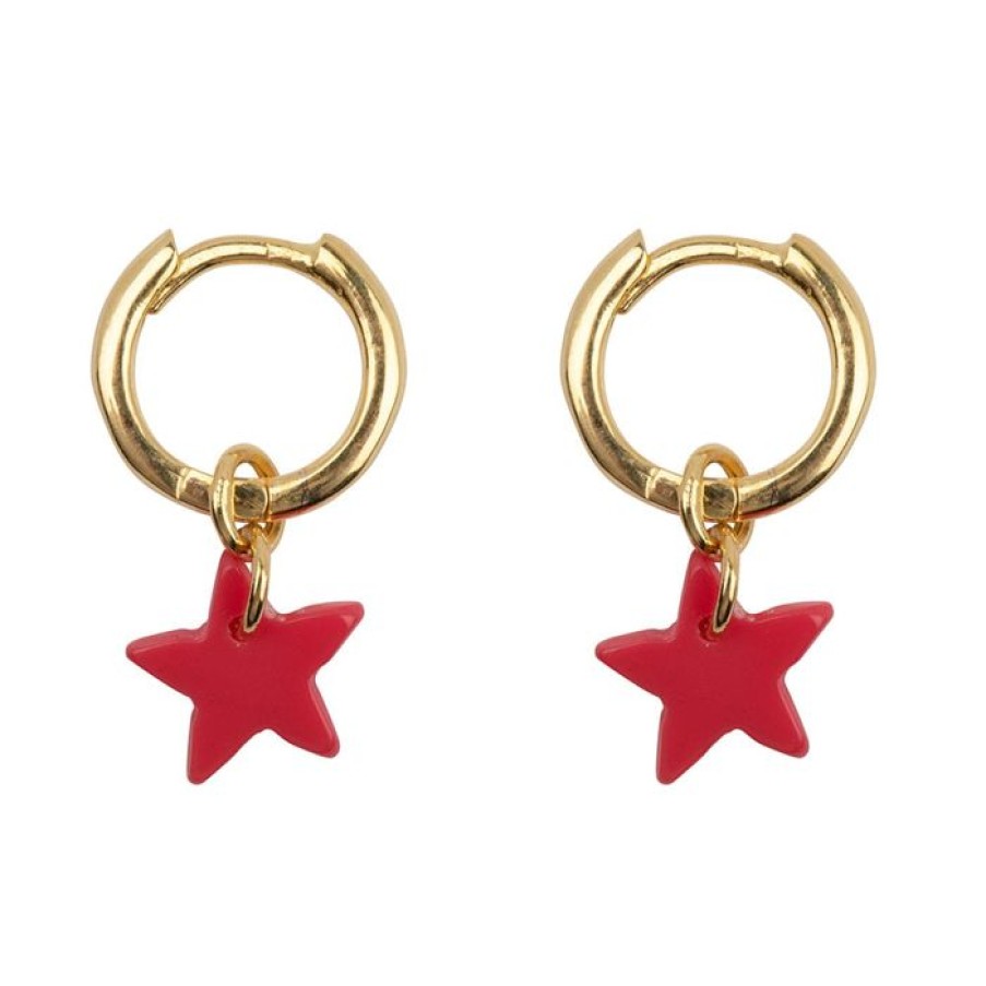 Oorbellen Betty Bogaers | Small Hoop Resin Star Earring Dark Pink Gold