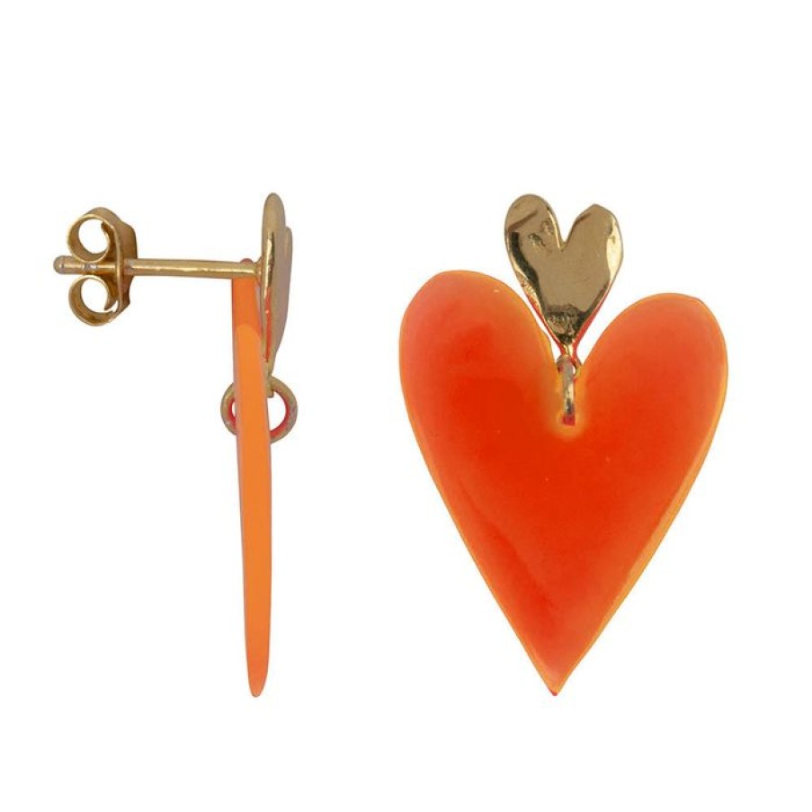 Oorbellen Betty Bogaers | Neon Orange Double Heart Stud Earring Limited Edition Gold