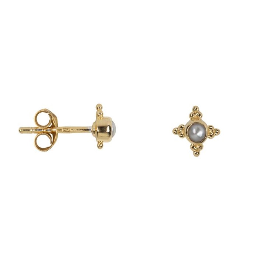 Oorbellen Betty Bogaers | Antique Four Sides Dotted Pearl Stud Earring Gold